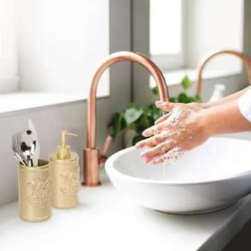 Harry Potter Bathroom Soap Dispenser Set - 2 Piece Gold Hogwarts Crest Collection Includes Resin Lotion Pump and Tumbler Cup - Bathroom Décor