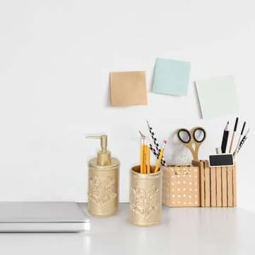 Harry Potter Bathroom Soap Dispenser Set - 2 Piece Gold Hogwarts Crest Collection Includes Resin Lotion Pump and Tumbler Cup - Bathroom Décor