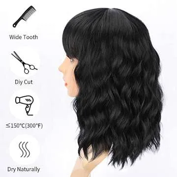 AISI HAIR Bob Curly Wig Synthetic Short Black Wig with Bangs Natural Looking Heat Resistant Fiber Hair for Women