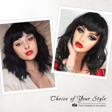 AISI HAIR Bob Curly Wig Synthetic Short Black Wig with Bangs Natural Looking Heat Resistant Fiber Hair for Women