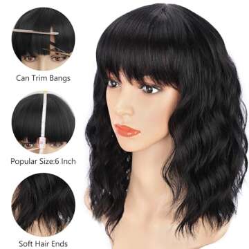 AISI HAIR Bob Curly Wig Synthetic Short Black Wig with Bangs Natural Looking Heat Resistant Fiber Hair for Women