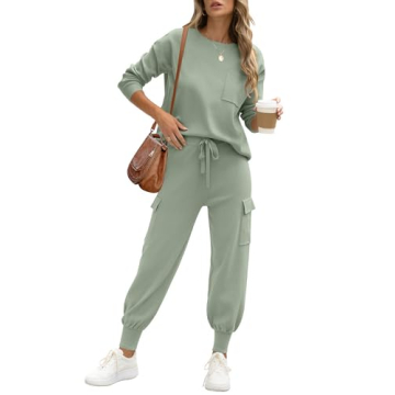 Caracilia Women's Two Piece Outfits Sweater Sets Long Sleeve Knit Tops Matching Cargo Jogger Pants 2024 Fall Lounge Sets Mint Small