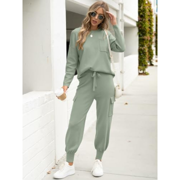 Caracilia Women's Two Piece Outfits Sweater Sets Long Sleeve Knit Tops Matching Cargo Jogger Pants 2024 Fall Lounge Sets Mint Small