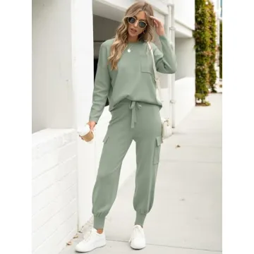 Caracilia Women's Two Piece Outfits Sweater Sets Long Sleeve Knit Tops Matching Cargo Jogger Pants 2024 Fall Lounge Sets Mint Small