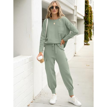 Caracilia Women's Two Piece Outfits Sweater Sets Long Sleeve Knit Tops Matching Cargo Jogger Pants 2024 Fall Lounge Sets Mint Small