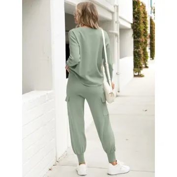Caracilia Women's Two Piece Outfits Sweater Sets Long Sleeve Knit Tops Matching Cargo Jogger Pants 2024 Fall Lounge Sets Mint Small