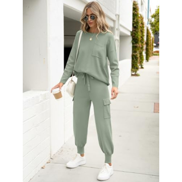 Caracilia Women's Two Piece Outfits Sweater Sets Long Sleeve Knit Tops Matching Cargo Jogger Pants 2024 Fall Lounge Sets Mint Small