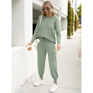 Caracilia Women's Two Piece Outfits Sweater Sets Long Sleeve Knit Tops Matching Cargo Jogger Pants 2024 Fall Lounge Sets Mint Small