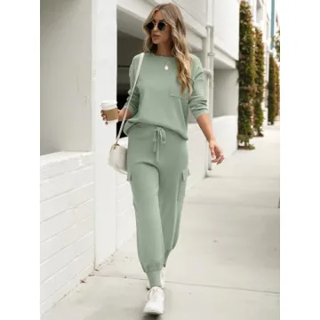 Caracilia Women's Two Piece Outfits Sweater Sets Long Sleeve Knit Tops Matching Cargo Jogger Pants 2024 Fall Lounge Sets Mint Small