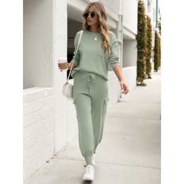 Caracilia Women's Two Piece Outfits Sweater Sets Long Sleeve Knit Tops Matching Cargo Jogger Pants 2024 Fall Lounge Sets Mint Small