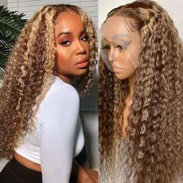 Ombre Human Hair Wigs 22Inch Deep Curly 13x4 HD Lace Front Wigs Honey Blonde to Brown 4/27 Virgin Human Hair for Women Water Wave 150% Density Pre Plucked with Baby Hair Bleached Knots Glueless Wigs