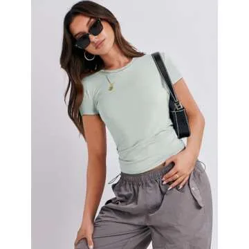 ANRABESS Women’s Short Sleeve Summer T Shirts Crew Neck Slim Fit Basic Tee 2025 Going Out Crop Tops Y2k Outfits Light Green Medium