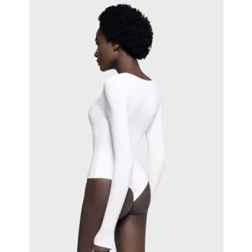 PUMIEY Sexy V Neck Long Sleeve Bodysuit for Women Splashed White