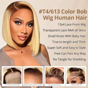 Iridescent 4/613 Ombre Blonde Bob Wig Human Hair 13x4 Lace Front 180% Density