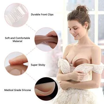 COFIT Adhesive Silicone Bra, Reusable Sticky Push-Up Bra Invisible Support for Backless Strapless Dress with Nipple Covers Caramel