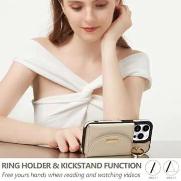 Keallce Wallet Case for iPhone 14 Pro 6.1'', Flip Case with Card Slots, Ring Holder Kickstand, PU Leather Protective Folio Cover for Women, Beige