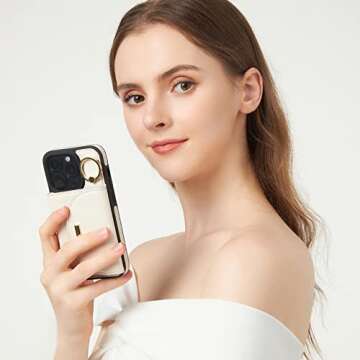 Keallce Wallet Case for iPhone 14 Pro 6.1'', Flip Case with Card Slots, Ring Holder Kickstand, PU Leather Protective Folio Cover for Women, Beige