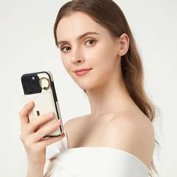 Keallce Wallet Case for iPhone 14 Pro 6.1'', Flip Case with Card Slots, Ring Holder Kickstand, PU Leather Protective Folio Cover for Women, Beige