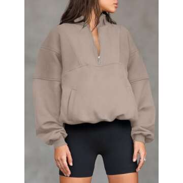 BLENCOT Half Zip Oversized Sweatshirts For Women Long Sleeve Fleece Trendy Cropped Pullover Workout Warm Tops With Pockets 2XL Medium Gray