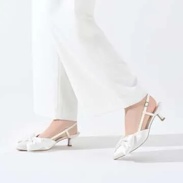 ALICEPUB White Wedding Heels Bridal Shoes Closed Toe Kitten Heels Women's Bow Slingback Heels Pointed Toe Pumps Low Heels for Women Comfortable Dress Shoes, Size 7.5