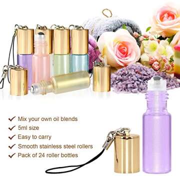 Mavogel Essential Oil Roller Bottles - 24 Pack 5ml Pearl Colored Glass Roller Bottles with Stainless Steel Roller Balls, Essential Oil key Opener and Droppers Included