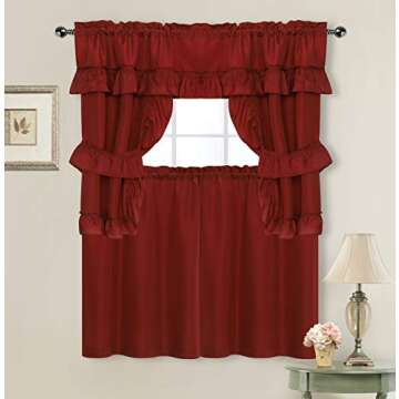 GoodGram Country Farmhouse Living Solid Colored Cafe Kitchen Curtain Tier & Swag Valance Set - Assorted Colors (Country Burgundy)