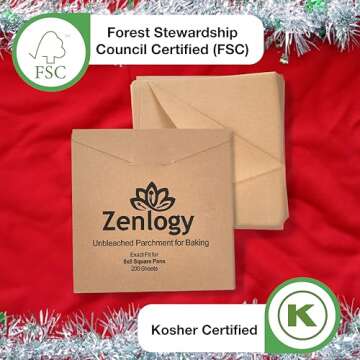 Zenlogy 8x8 Parchment Squares (200 sheets) - Unbleached, Non-stick, Pre-cut Parchment Paper - Fits 8x8 Brownie Square Pans and Toaster Oven Trays, and Air Fryer - Great for Wraps, Baking, Roasting