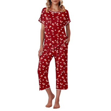 Ekouaer Women's Capri Pajama Sets Floral Print Short Sleeve Sleepwear Top and Capri Pants 2 Piece Lo...