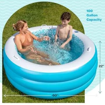 Inflatable Round Swimming Pool with Blow Up Padded Floor, Cup Holder, Handles and Drain - 60"x22" Deep Round Large Kiddie Pool Perfect for Adults and Kids Ages 4 5 6 7 8+
