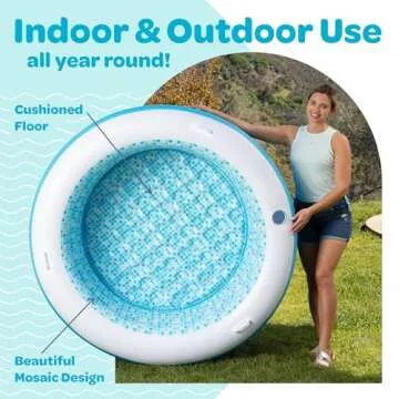 Inflatable Round Swimming Pool with Blow Up Padded Floor, Cup Holder, Handles and Drain - 60"x22" Deep Round Large Kiddie Pool Perfect for Adults and Kids Ages 4 5 6 7 8+