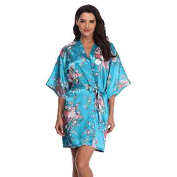 Mignon Cromwell Women's Floral Bride Bridesmaids Robe Satin Wedding Kimono Bridal Dressing Gown Slee...