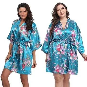 Mignon Cromwell Women's Floral Bride Bridesmaids Robe Satin Wedding Kimono Bridal Dressing Gown Sleepwear,Turquoise, M