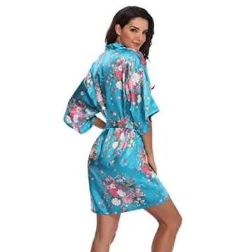 Mignon Cromwell Women's Floral Bride Bridesmaids Robe Satin Wedding Kimono Bridal Dressing Gown Sleepwear,Turquoise, M