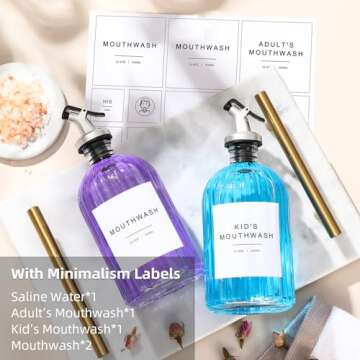 Glass Mouthwash Dispenser, 2 Pack 16.9oz Glass Bottles with Pour Spouts, 2 Reusable, 21 Paper Cups with Holder, Funnel and Labels, Refillable Bottles Container with Wooden Tag