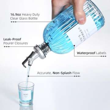 Glass Mouthwash Dispenser, 2 Pack 16.9oz Glass Bottles with Pour Spouts, 2 Reusable, 21 Paper Cups with Holder, Funnel and Labels, Refillable Bottles Container with Wooden Tag
