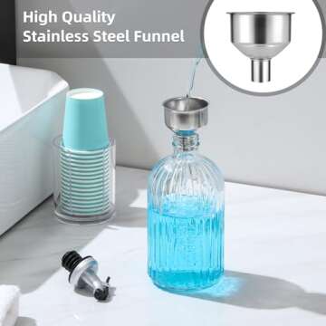 Glass Mouthwash Dispenser, 2 Pack 16.9oz Glass Bottles with Pour Spouts, 2 Reusable, 21 Paper Cups with Holder, Funnel and Labels, Refillable Bottles Container with Wooden Tag