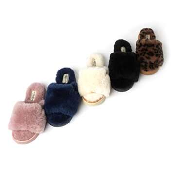 Dearfoams Women's Fireside Cairns Shearling Easy on/Off Slide Sandal Slipper, Black, 6