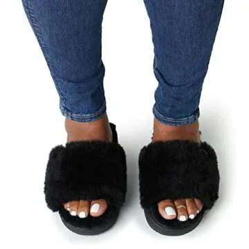 Dearfoams Women's Fireside Cairns Shearling Easy on/Off Slide Sandal Slipper, Black, 6