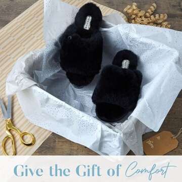 Dearfoams Women's Fireside Cairns Shearling Easy on/Off Slide Sandal Slipper, Black, 6