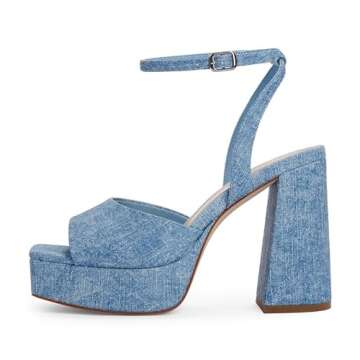 Modatop Platform Heels for Women Denim Platform Sandals Chunky Heel Open Toe Pumps Ankle Strap Womens Heeled Wedding Party Sandals Shoes Size 6