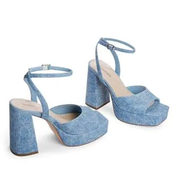 Modatop Platform Heels for Women Denim Platform Sandals Chunky Heel Open Toe Pumps Ankle Strap Womens Heeled Wedding Party Sandals Shoes Size 6