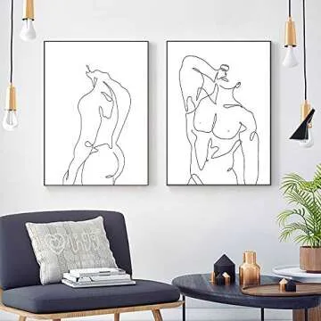 Male Wall Art Canvas Painting for Home Wall Decor Abstract Man Body Print Line Art Poster Nude Paintings Minimalist Wall Art Pictures Home Decor Man Black and White set of 2 (16x24 Inch) Unframed