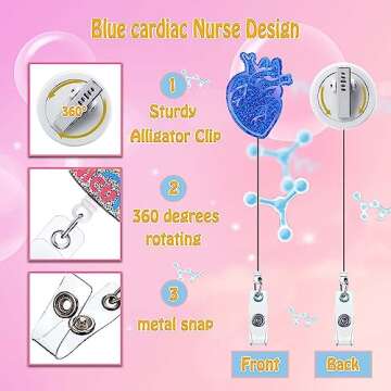 ANDGING Blue Cardiac Heart Badge Reel Holder Retractable Badge Clips Funny Cute Cardiology Nursing B...