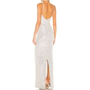 ALENDA DANMOS Women Spaghetti Straps Sequin Maxi Dress Elegant Backless Split Bodycon Sequin Evening Gown 72256(X-Small,Silver)