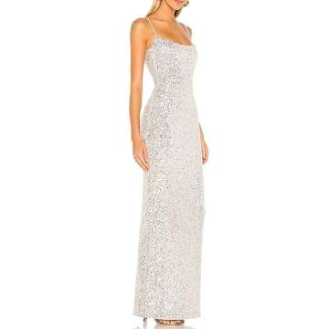 ALENDA DANMOS Women Spaghetti Straps Sequin Maxi Dress Elegant Backless Split Bodycon Sequin Evening Gown 72256(X-Small,Silver)