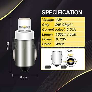 Ruiandsion BA7S Instrument LED Light F3 1 LED 12V DC White Car Mini Bulbs Lamps Led Car Instrument Light Warning lamp,Negative Earth (Pack of 4)