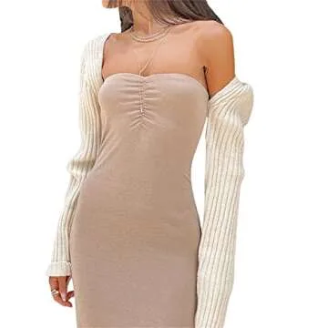 NUFIWI Y2k Women Long Sleeve Crop Top Shrug Cardigan Crochet Color Block Bolero Ribbed Knit Tops Patchwork Tee Shirts Cute Streetwear(Bolero Beige,L)