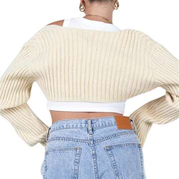 NUFIWI Y2k Women Long Sleeve Crop Top Shrug Cardigan Crochet Color Block Bolero Ribbed Knit Tops Patchwork Tee Shirts Cute Streetwear(Bolero Beige,L)