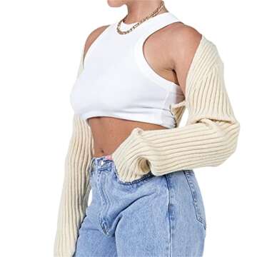 NUFIWI Y2k Women Long Sleeve Crop Top Shrug Cardigan Crochet Color Block Bolero Ribbed Knit Tops Patchwork Tee Shirts Cute Streetwear(Bolero Beige,L)