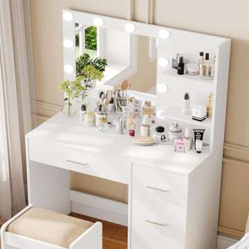 Rovaurx Makeup Vanity Table with Lighted Mirror, Makeup Vanity Desk with Storage Shelf and 4 Drawers, Bedroom Dressing Table, 10 LED Lights, White